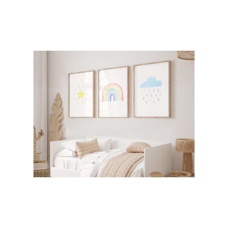 Pastel grey studio Boho Nursery Wall Art Prints Rainbow Weather