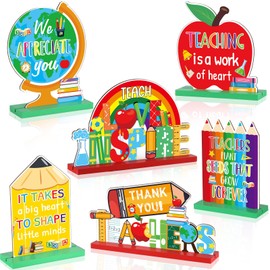 gisgfim 6 Pieces Teacher Appreciation Table Centerpieces Best Teacher Sign Table Decorations Teaching Wooden Signs Topper Teaching Wooden Signs Topper Gift for Teachers Home School Classroom