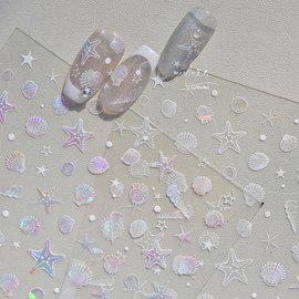 Summer Seashell Starfish Nail Art Stickers Shiny Shell Light Marine Life Nail Decals 5D Acrylic Engraved Nail Stickers Ocean Theme Summer Nails Design Adhesive Sliders for Women Girl Manicure Nail Art