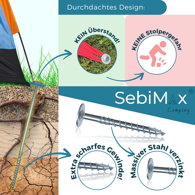 SebiMax® Screw Pegs Camping Set 160-10 Pieces 160 mm -