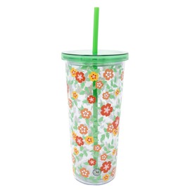 Martha Stewart Double Wall Tumbler with Lid and Reusable Straw, Floral Plastic Cup, Insulated Travel Cup Holds 24 Ounces, Floral Cloud Dancer