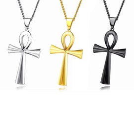 Pack of 3 Men's Stainless Steel Coptic Ankh Cross Religious Pendant Necklace, Fashion Egyptian Key of Life Ankh Cross Necklace Jewellery Unisex