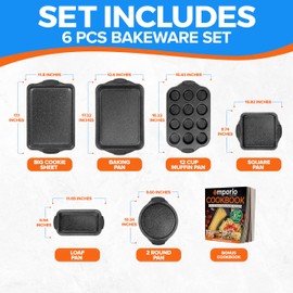 Emporio Kitchen Baking Pan Set - Nonstick Coating, Carbon Steel Bakeware Sets with Gray Silicone Handles, PFOA, PFOS, PTFE Free, Recipe Booklet Included, Oven Safe Tray (Up To 450° F), Set of 6 - Gray