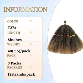 MLETULIPS Afro Kinky Hair Pre Stretched Kinky Marley Twist Hair Afro Braiding Hair Kinky Twist Crochet Braids Synthetic Hair Extensions for Women (T27#, 8 Inch (pack of 3))