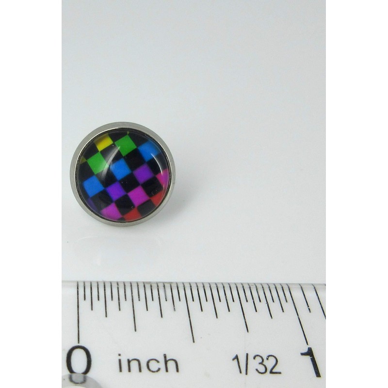 Summerfield Collection Stainless Steel Checkerboard Print Glass Stud Earrings 12mm