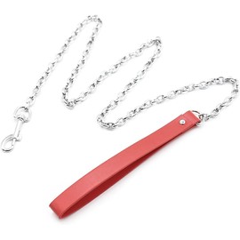 Metal Chain Leash with PU Handle Collar Choker Chain Leash (Red, One Size)