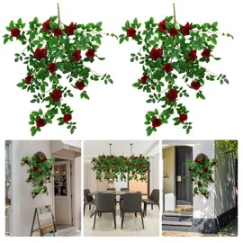 RIDDSEE Artificial Hanging Flowers Roses - 35x28inch 2Pack Red Silk Floral Garland Ivy Greenery Faux Flower Vine with Branches for Wall Arrangement Home Room Garden Wedding Arch Decoration
