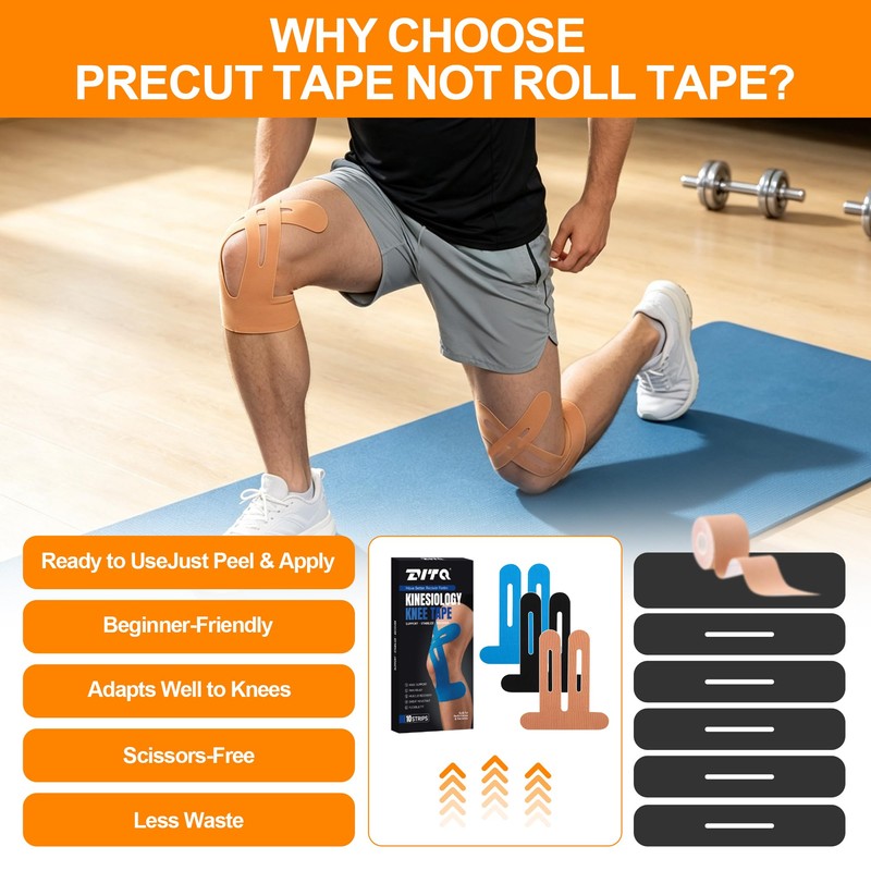 Kinesiology Tape for Knees (10-Pack) – Precut Knee-Specific Strips, Strong
