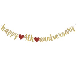 Gold Glitter Happy 4th Anniversary Banner Backdrop, 4th Wedding Anniversary Party Decorations Suppilies, Cheers to 4 Year Banner