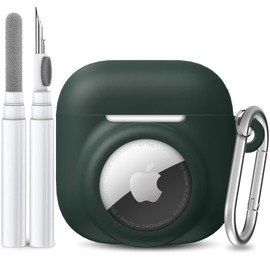 LDSXAY 2 in 1 Silicone Case Compatible with AirPod 4 and AirTag, Shockproof Protective Skin Cover for AirPods 4th Generation with Cleaner Kit & Carabiner (Dark Green)