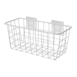 OHPHCALL Creative Wall Mounted Storage Basket White Iron Hanging Organizer with Sticky Hooks for Space Saving Kitchen and Bathroom Easy Installation Versatile for Dry Food Crafts