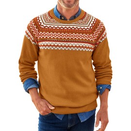 Runcati Mens Crew Neck Sweater Casual Fair Isle Knit Pullover Long Sleeve Fall Winter Chunky Sweaters Brown