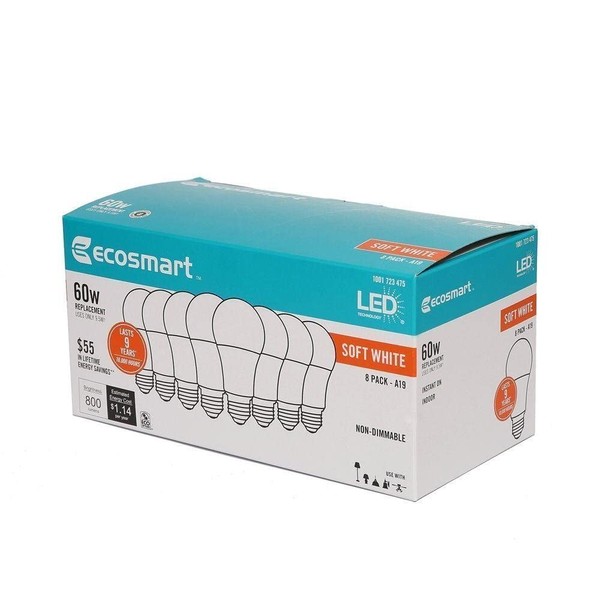 EcoSmart 9.5 Watt (60W Equivalent) Soft White A19 Non-Dimmable LED Light Bulb 1 Box (8 Bulbs Total)