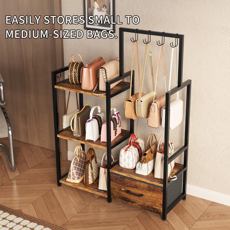 WCBSQX 3-Tier Purse Rack Stand with Pull-Out Drawer & 6