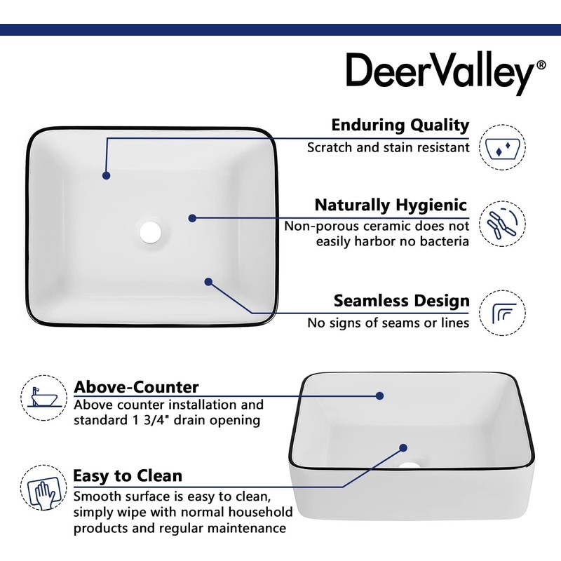 DeerValley 19" x 15" Bathroom Sink, Bathroom Vessel Sink Rectangular