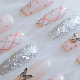 GLORS Press-on Nails, Long Ballerina Style, Pink with 3D Silver Butterfly and Bow Design, Handmade False Nail 10 Pieces (XS, LB)