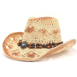 Adult Men Women Summer Casual Beach Hat, Bead Decor Top Hollow Out Straw Cowgirl Cowboy Hat for Vacation (03Beige, ONE Size)