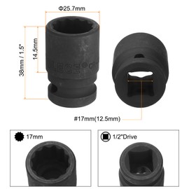 uxcell 1/2" Drive x 17mm Shallow Impact Socket 12-Point Metric CR-MO Steel Nut Impact Grade Socket for Auto Repair