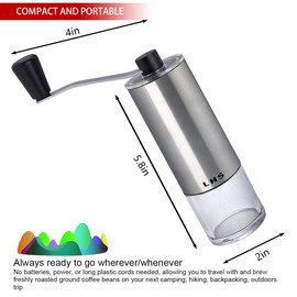 LHS Manual Coffee Grinder Stainless Steel Portable Hand Crank Coffee Mill Grinder Ceramic Conical Burr with Adjustable Coarseness for Home, Office or Traveling