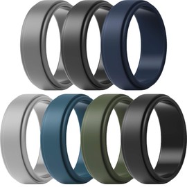 ThunderFit Silicone Wedding Ring for Men 7 Pack / 4 Pack / 1 Ring - Step Edge Sleek Design Wedding Bands (Light Grey, Dark Grey, Navy Blue, Grey, Dark Blue, Olive Green, Black, 9.5 - 10 (19.8mm))