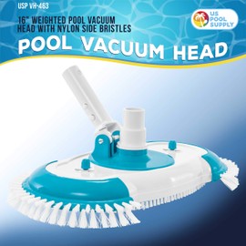 U.S. Pool Supply 16" Weighted Pool Vacuum Head with Nylon Side Bristles, Swivel Hose Connection, EZ Clip Handle - Connect 1-1/4", 1-1/2" Hose - Scrub Clean, Remove Debris - Safe for Vinyl Lined Pools