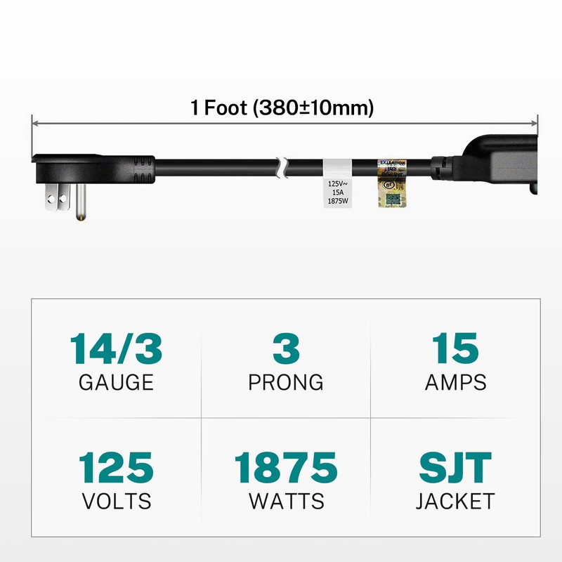 FIRMERST 1875W Flat Plug 1 Foot Extension Cord 14 AWG