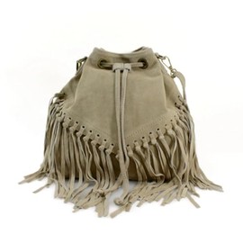 LeahWard Suede Drawstring Bucket Bag with Fringe Detail, Italian Suede Leather Cross Body Bag, Boho Style (Khaki)