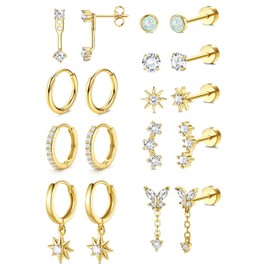 Adramata 9 Paar Ohrringe Gold Set Hypoallergen Ohrringe für Damen Klein Ohrring Creolen Ohrring Hängend Flatback Ohrstecker Set Damenohrringe Gold Silber Conch Tragus Helix Piercing Or