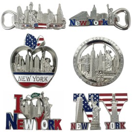 6 Pack Silver Bundle NYC Metal Fridge Magnets New York Souvenir Empire State Building, Skylines, Statue of Liberty, Brooklyn Bridge, Big Apple, USA Flag, Fridge Magnet Bottle Opener