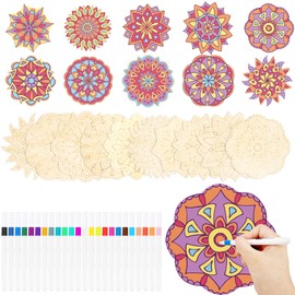 10 Pack Wooden Mandala Painting Kit Mandala Unfinished Wood Cutouts Mandala Wood Slices Crafts with 24 Colored Markers for DIY Art Ornaments Home Decors