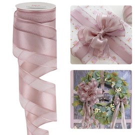 HUIHUANG Dusty Rose Sheer Wired Ribbon with Satin Stripe 2.5 inch Mauve Wire Ribbon for Bows Making, Wreaths, Gift Wrapping, Wedding Bridal Shower Decor, Christmas Tree-Continous 10 Yards