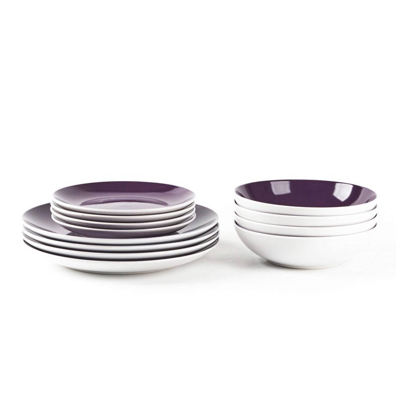 HomeVss, Stoneware Coupe Shape 12pc Dinnerware Set, Outside White +