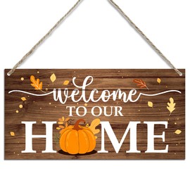 Hello Fall Harvest Pumpkin Welcome to Our Home Rustic Hanging Wooden Door Sign Plaque for Farmhouse Front Door Home Yard Porch Decor Maple Leaves Thanksgiving Wall Decorations 12 x 6 Inches