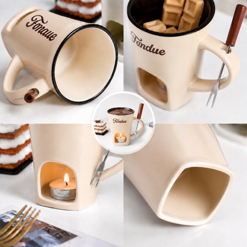Ceramic Chocolate Fondue Mug Set with Dipping Fork, Mini Tea