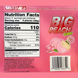 (2 Packs, 10oz) MetaVita Big Peelable Peach Gummy Candy – Individually Wrapped Fruit Gummies with Real Puree, Chewy & Fun, Gluten-Free