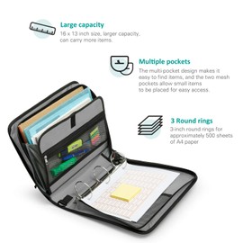 3-Inch Zipper Binder, 3 Round Rings Binder with Expanding File and Shoulder Strap, Black12