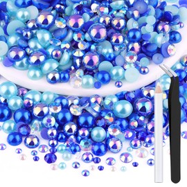 80g Flatback Pearls and Rhinestones for Crafting, Dark Blue Mixed Size 3-10mm Resin Rhinestones and Half Pearls for Bedazzling, Nail Art and Decoration with Tweezer and Pickup Pencil