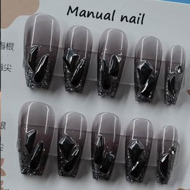Hkanlre Coffin Press on Nails Black Long Fake Crystal Nails Tips Full Cover False Nails for Women and Girls 24PCS