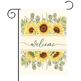 Floral Sunflower Welcome Home Sweet Home Garden Flag 12x18 Inch Double Sided - Premium Sunflower Eucalyptus Leaves Flowers Yard Flag for Outside - Spring Yellow Warm Burlap Outdoor Decor