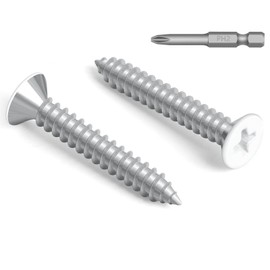 100 PCS #6 x 1-1/2" White Head Sheet Metal Screws, Flat Head Phillips Fast Self Tapping Screws, Carbon Steel Countersunk Head Wood Screws, Screwdriver Bit Included