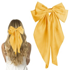 Pufandor Hair Bow Silky Satin Hair Ribbons for Women, Yellow Bows for Girls Hair Bowknot Barrettes Long Tails with Clips Big Hair Bows Hair Accessories (Yellow 1pc)
