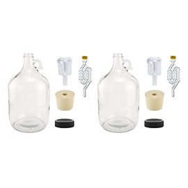 North Mountain Supply 1 Gallon Glass Fermenting Jug with Handle, Size 6.5 Rubber Stopper, 6 Bubble Airlock, 2 Piece Airlock, Black Plastic Lid, Set of 2