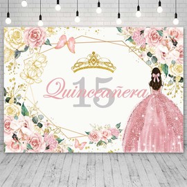 AIBIIN 7x5ft Quince Anera 15th Birthday Photography Backdrop Pink Flower Gold Dot Sparkle Dress Crown Indoor Party Decoration Banner Photo Stand Studio