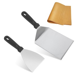 smtfcty Barbecue Spatula Set of 2 with Plastic Handle, Barbecue Utensils BBQ Tool Set Stainless Steel Including Burger Paper, Grill Spatula for Smash Burgers, Plancha Spatula, Teppanyaki Accessory