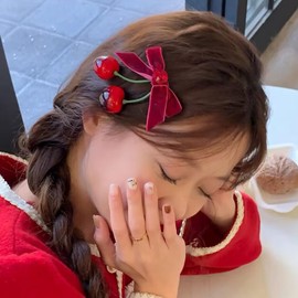 6 Pcs Cherry Hair Accessories Red Bow Rhinestone Hair Clip Velvet Alligator Clips Women Ponytail Hair Barrettes Christmas Birthday Decoration