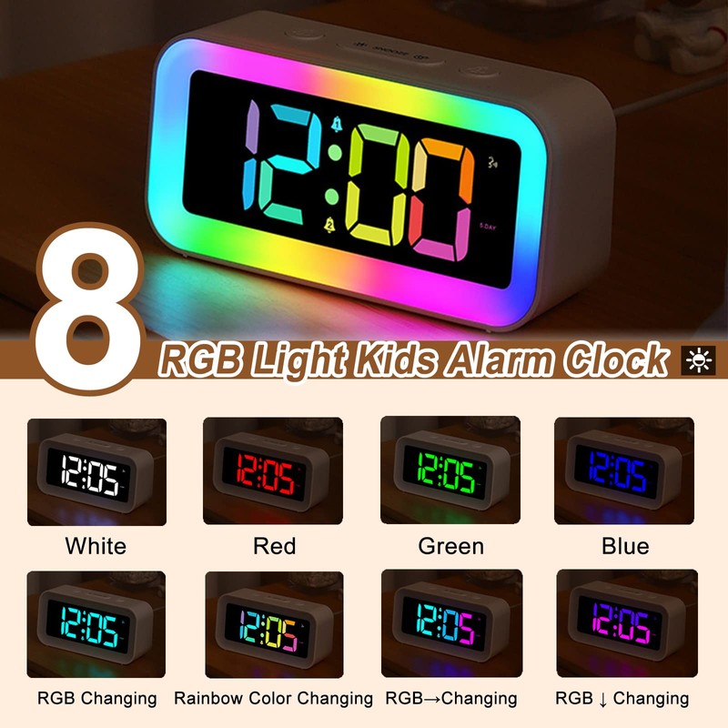 RGB Alarm Clock for Kids,Adjustable Brightness10%-100%,Dual Alarm, Sound Control, Bedside