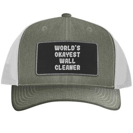 World's Okayest Wall Cleaner - Leather Black Patch Engraved Trucker Hat, Heather-White, One Size