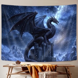 JAWO Fantasy Dragon Tapestry, Cool Animal Castle Blue Galaxy Tapestry Wall Hanging for Boys Men Bedroom, Tapestries Poster Blanket College Dorm Home Decor 60X40Inches