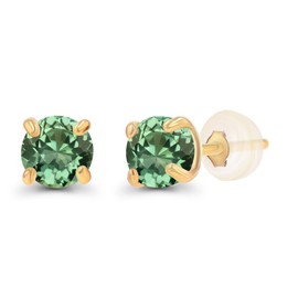 Genuine 10K Solid Yellow Gold 3mm Round Created Green Sapphire September Birthstone Stud Earrings For Women