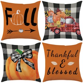Mimkus Fall Pillow Covers 18x18 Set of 4 Buffalo Check Orange Pumpkin Truck Thanksgiving Farmhouse Pillows Cases Thankful Autumn Outdoor Throw Cushion Case for Home Decor